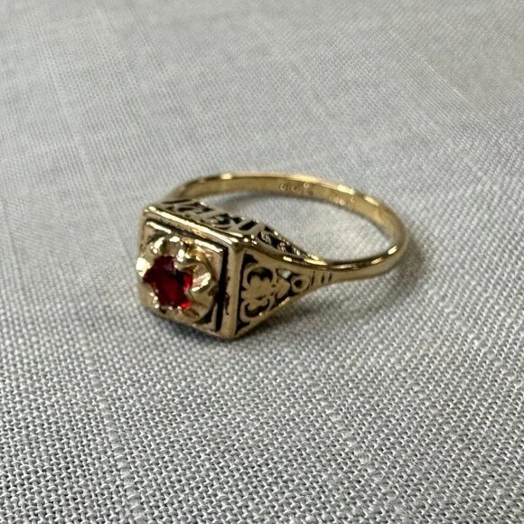 Vintage 14KGF Joseph Esposito Art Decor / Art Nouveau style Ring with Ruby - Picture 2 of 15
